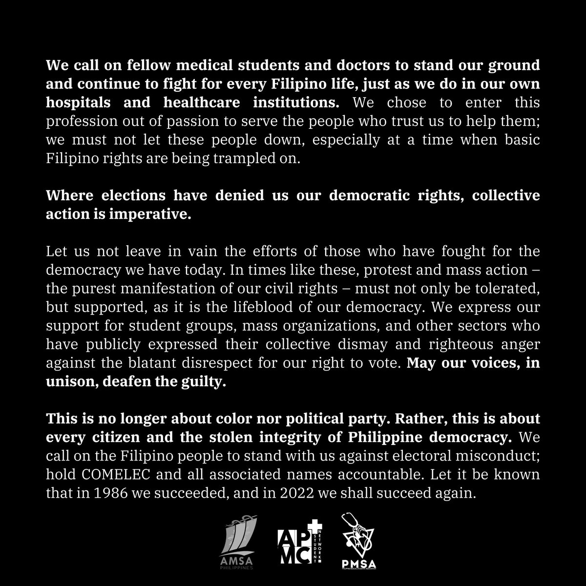 apmcsn's tweet photo. Together with @amsaphil and @PMSANational, as the largest national medical student organizations of the country, we stand firm for justice and truth, for the sake of a clean and transparent election.

This is no longer about color nor political party. https://t.co/Gx7kM9lgh7