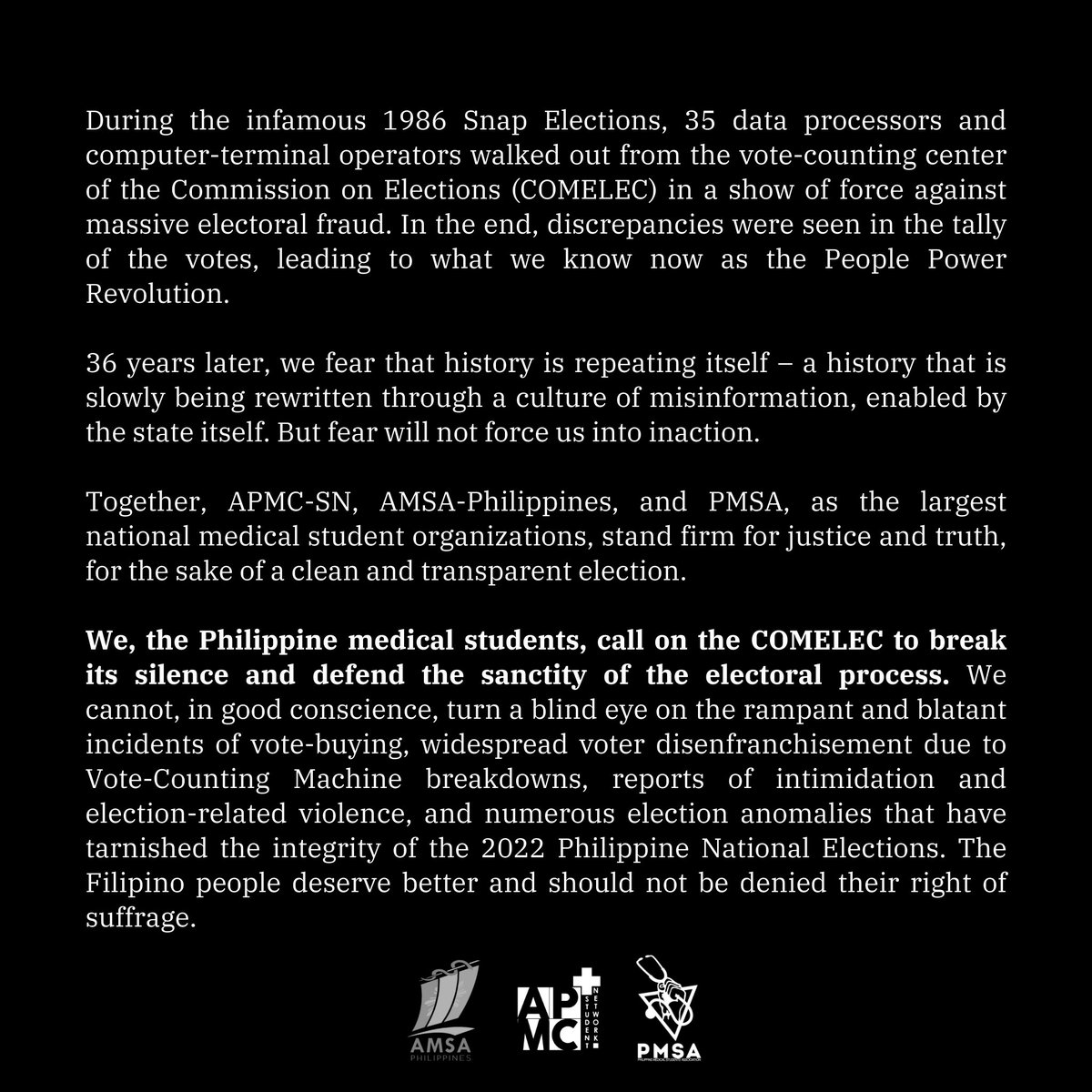 apmcsn's tweet photo. Together with @amsaphil and @PMSANational, as the largest national medical student organizations of the country, we stand firm for justice and truth, for the sake of a clean and transparent election.

This is no longer about color nor political party. https://t.co/Gx7kM9lgh7