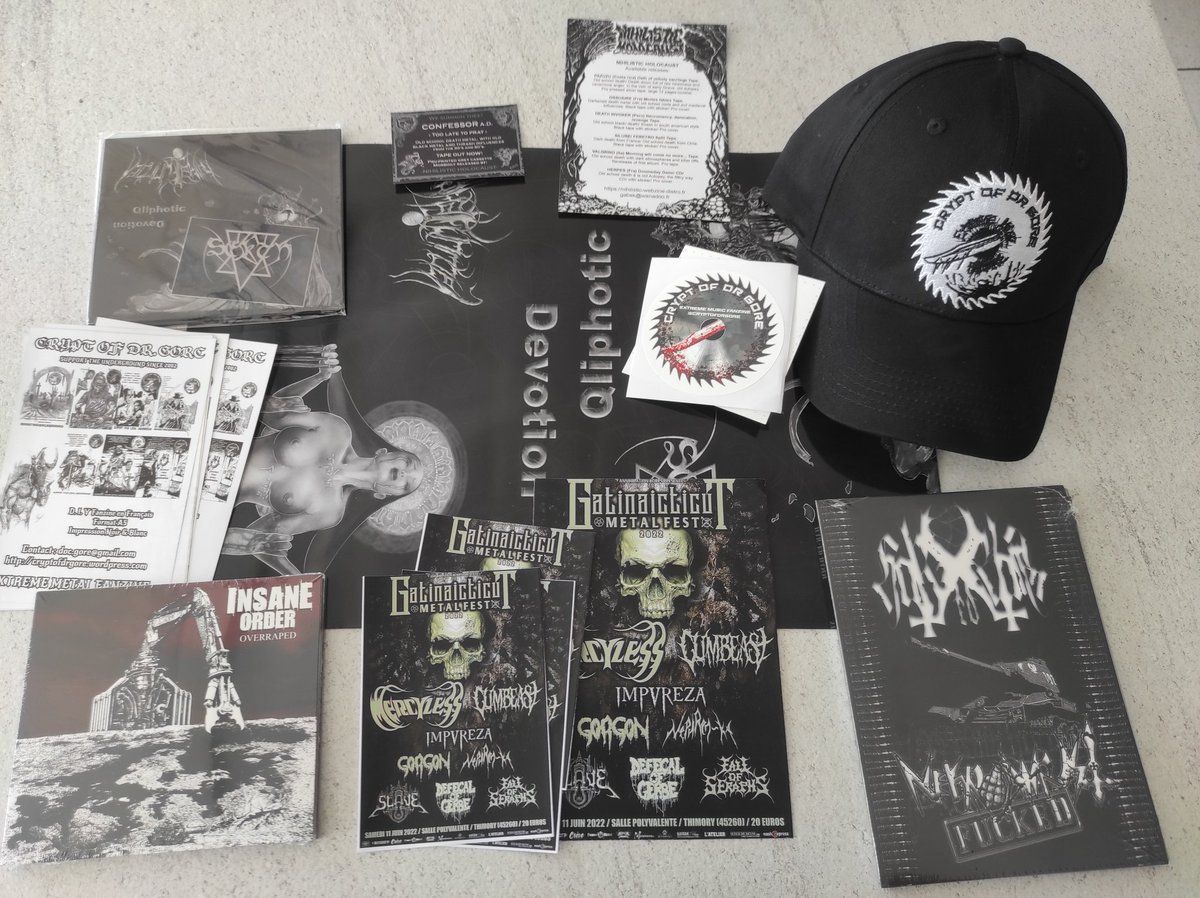 Une belle commande qui part demain !

Le split : Vacuum Tehiru / SEKTH 
+ Poster

youtu.be/SFDFJp6qiPA

Hak-Ed Damm : ''Nekrowristfucked'' 

youtu.be/WeEmZ7-QWbE

Insane Order ''Overraped''

youtu.be/NOw5Y9vPUcs

La casquette brodée du fanzine Crypt Of Dr.Gore