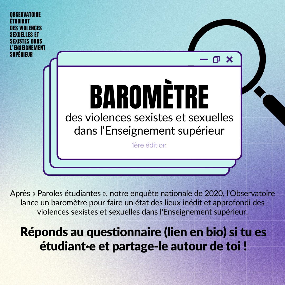 📣 L’<a href="/ObservatoireVSS/">Observatoire des VSS dans l’ESR</a> lance le #BaromètreVSSétudiant !

L’Observatoire lance un baromètre pour faire un état des lieux inédit et approfondi des violences sexistes et sexuelles dans l’Enseignement supérieur.

👉 surveyhero.com/c/97iv3ece

(RT appréciés)

⤵️