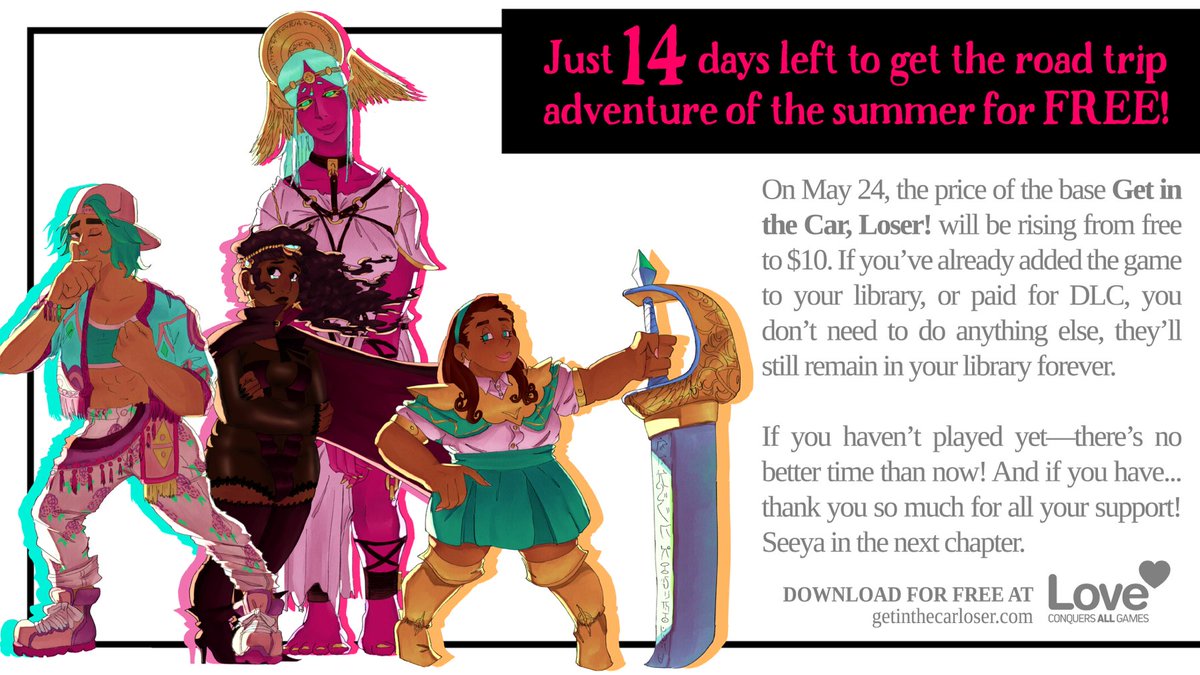 christinelove's tweet image. I have a big announcement to make: on May 24, GITCL will be going from free to $10. Thank you to everyone who’s played so far—and if you haven’t gotten it yet, now’s a great time to add it to your library! 💖

Steam: store.steampowered.com/app/938860/Get…
Itch: loveconquersallgames.itch.io/getinthecarlos…