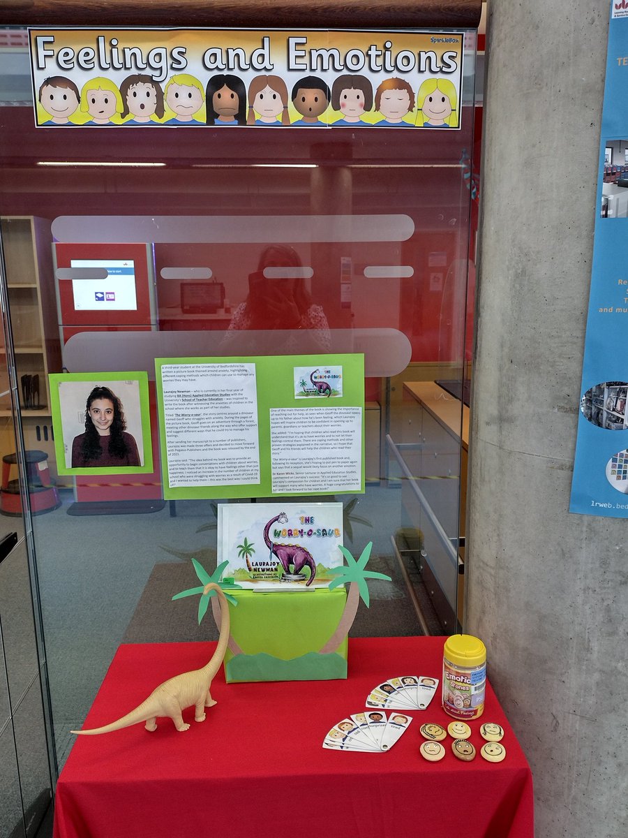 laurajoy_author's tweet photo. A big thank you to @uniofbeds for making a lovely display of my book, The Worry-o-saur, in their Teaching Practice Collection in their Bedford campus library😊 #author #Bedford #library #display #worries #anxiety https://t.co/HAWLWTBi41