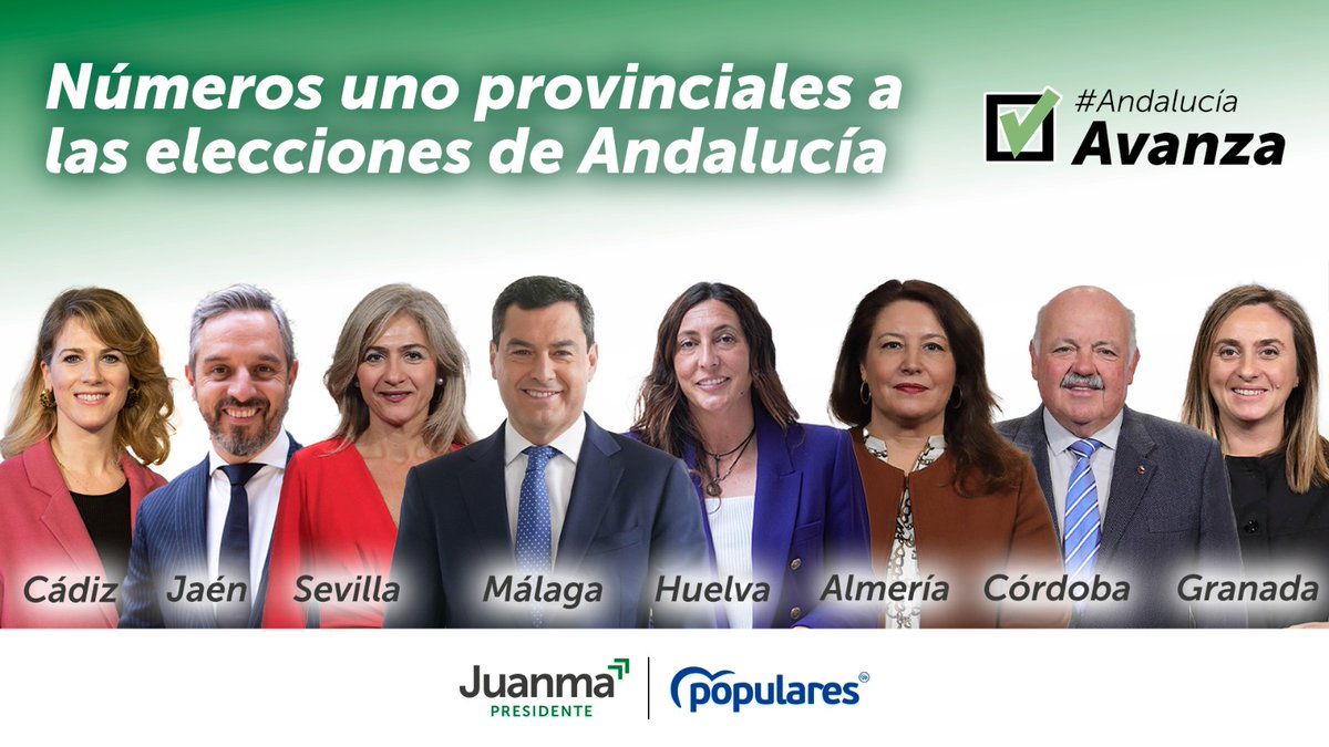 ppandaluz's tweet photo. Los mejores candidatos para el proyecto ganador de @JuanMa_Moreno.

Números 1️⃣ provinciales del Partido Popular de Andalucía a las elecciones del 19 de junio.

🟢 #AndalucíaAvanza 
⚪ #YoConJuanma 
🟢 #JuanmaPresidente https://t.co/oNXcotozd5