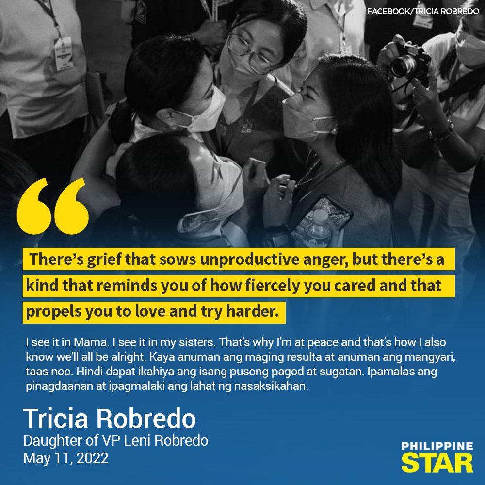 PhilippineStar's tweet photo. ‘HINDI DAPAT IKAHIYA ANG ISANG PUSONG PAGOD AT SUGATAN’

Tricia Robredo, daughter of presidential candidate Leni Robredo, on Wednesday replied to her family’s well-wishers through a Facebook post. #BilangPilipino2022 https://t.co/Qyqvj5X7cX