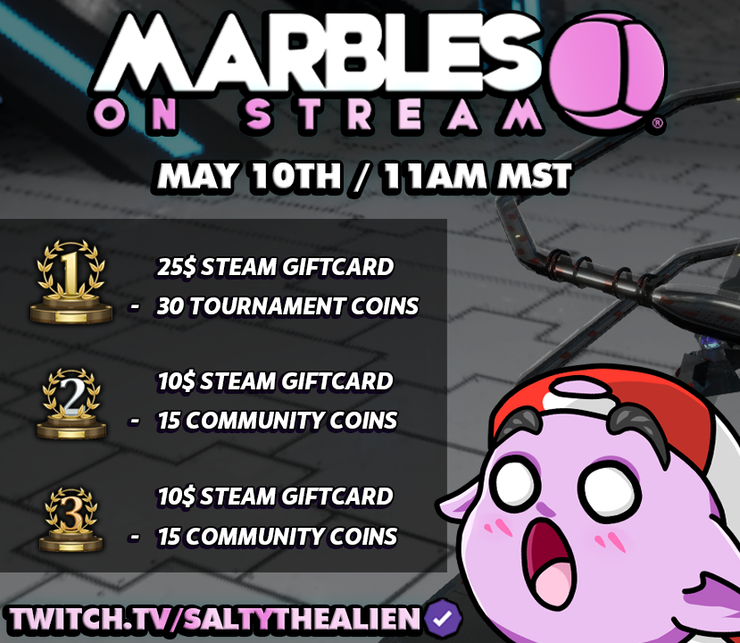 SaltyTheAlien's tweet photo. MARBLES EVENT TODAY- LIVE NOW 🔴
Today we're doing an official @MarblesOnStream / @PixelbyPixelStu event! Prizes provided by PBP studios and myself, and will be given to winners after the event!
Come get your balls on the track! https://t.co/N8XxjR1EBK