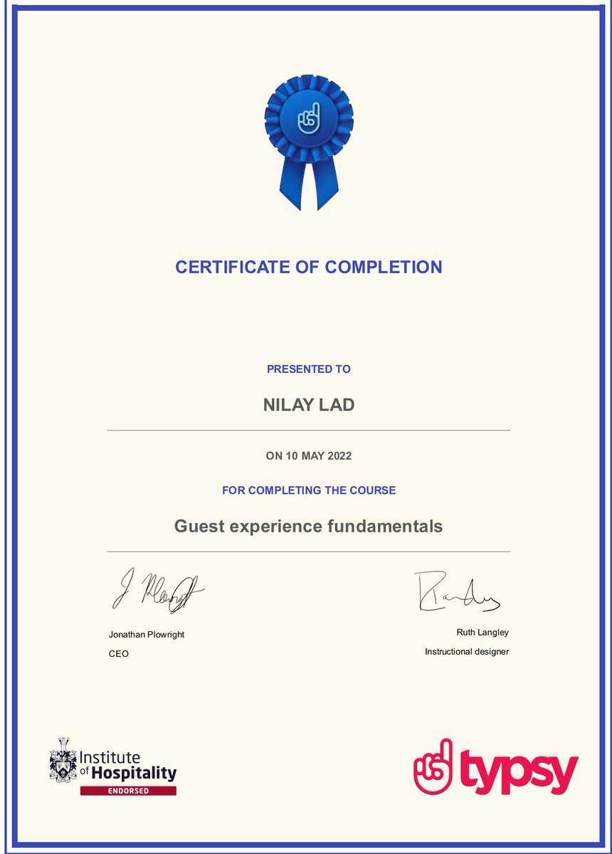 NilayLad5's tweet photo. Learnt new Concept💡 of Guest Experience Fundamentals. This will give me the upgradation🆙 in my hospitality skills and would help me in my career to increase and provide excellent 👌 guest experiences.
#typsy #learnings #certificate #achievements #guestexperience #hospitality https://t.co/M6d1gBBapE