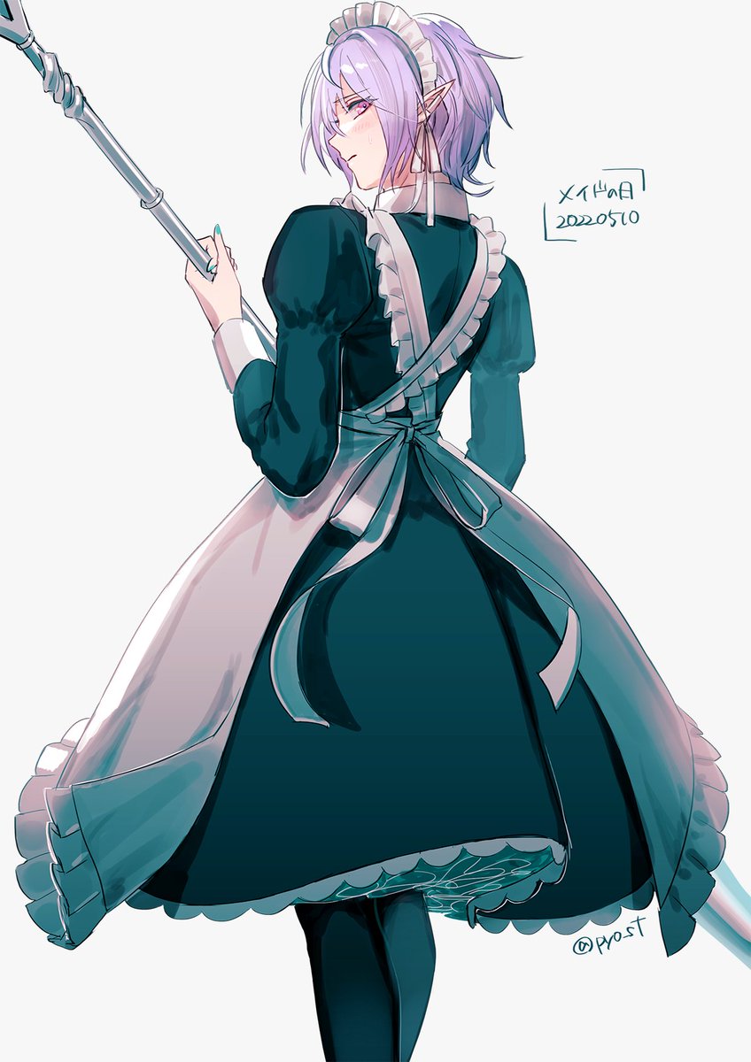 maid maid headdress solo pointy ears holding apron long sleeves  illustration images