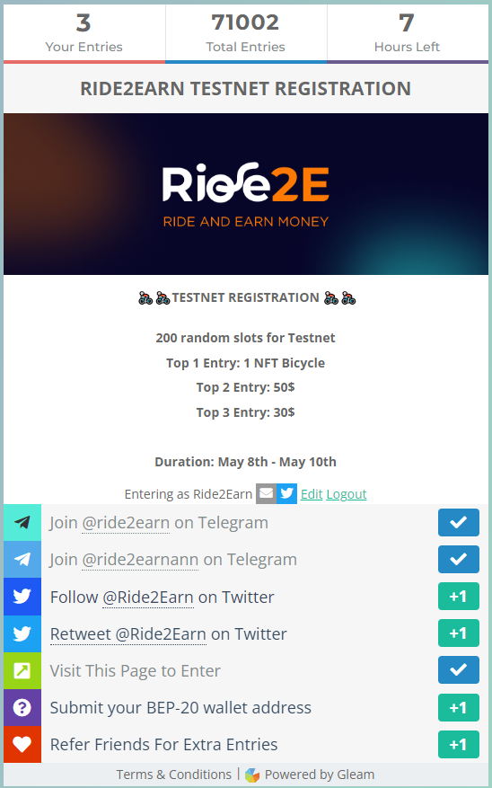 Ride2Earn's tweet photo. 🔥70,000+ Entries and 11,000+ Users have registered for our Testnet🔥
We will expand Testnet slots from 200 slots into 300 slots!!!!💥💥
Only 7 hours left!!!!!
#MoveToEarn #Move2Earn #STEPN #MOVEY #Ride2Earn #BSC #RideToEarn #M2E https://t.co/UHYuwk4KIN