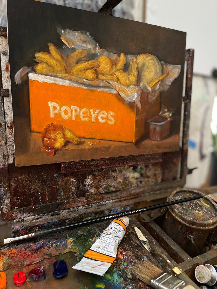 Popeyes's tweet image. 🔥giveaway alert🔥
Want to own a real work of art? Quote Tweet this post with #LoveThatMasterpiece #Sweepstakes for a chance to win this 1-of-1 Shrimp Tackle Box painting by @NoahVerrier