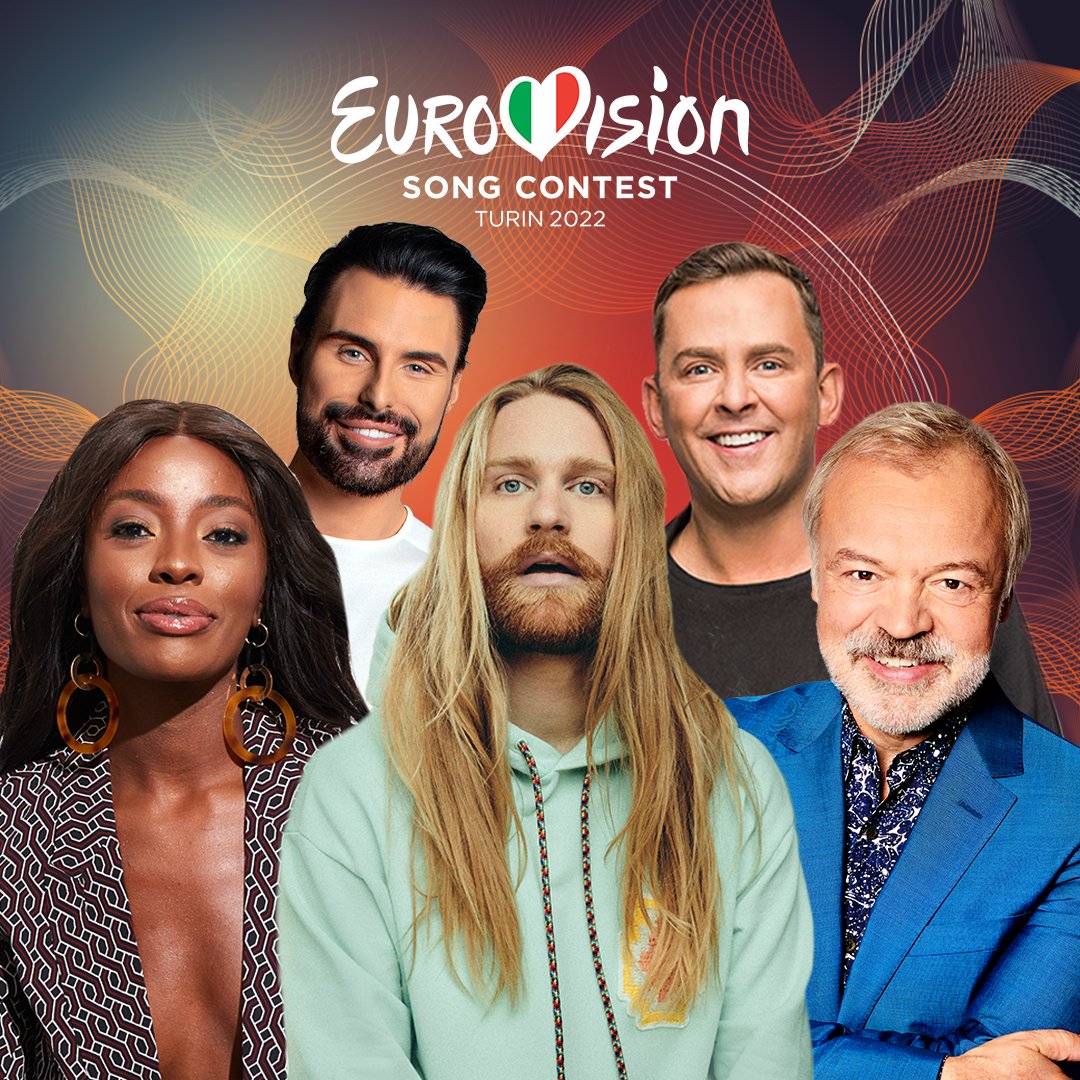 UK Eurovision spokesperson AJ Odudu, semi-finals commentators Rylan and Scott Mills and Grand Final commentator Graham Norton are pictured alongside UK Eurovision hopeful Sam Ryder.