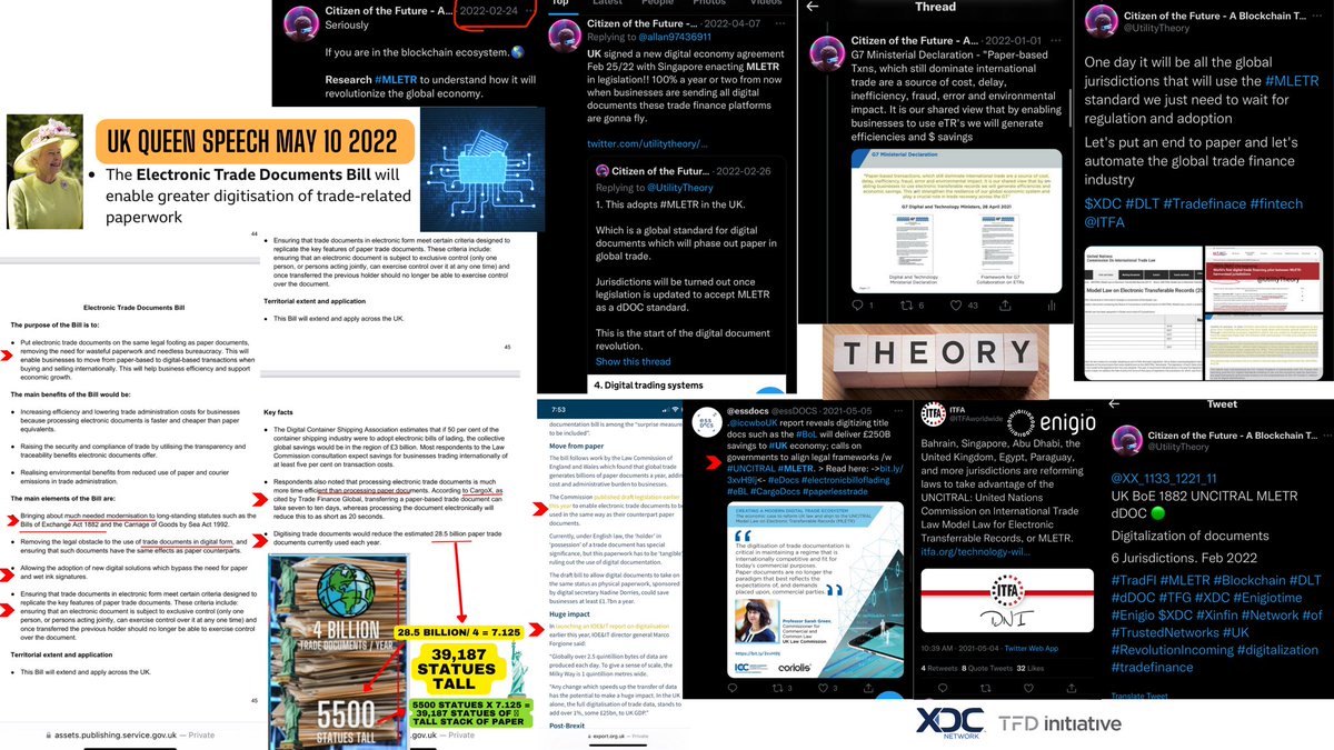 UtilityTheory's tweet photo. HEAR YE, HEAR YE👑

The queen has put out her speech today and a part of that was trade digitalization. 

Paper trade documents ➡️dDOCs

I made a collage of interesting reading points for other citizens to research. 

#paperlesstrade #4IR #regtech #tradefinance #innovation #XDC https://t.co/LeXSUFS373