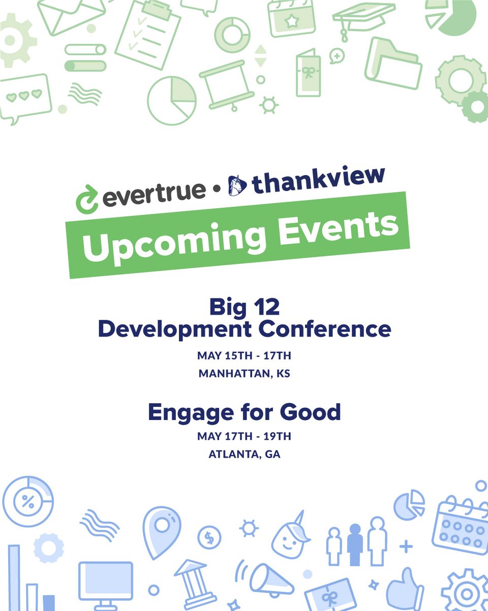 EverTrue's tweet photo. 🎤 On May 17th at 11am - 12pm, CEO Brent Grinna will be speaking at the @Big12DevConf hosted by the @KSU_Foundation.

🦄 On May 17th - 19th, we're attending @EngageforGood 2022 Look Back, Looking Ahead Conference with @thankviews!

#PublicSpeaking #OrganizationalChange #HigherEd https://t.co/zJRwD5FUws