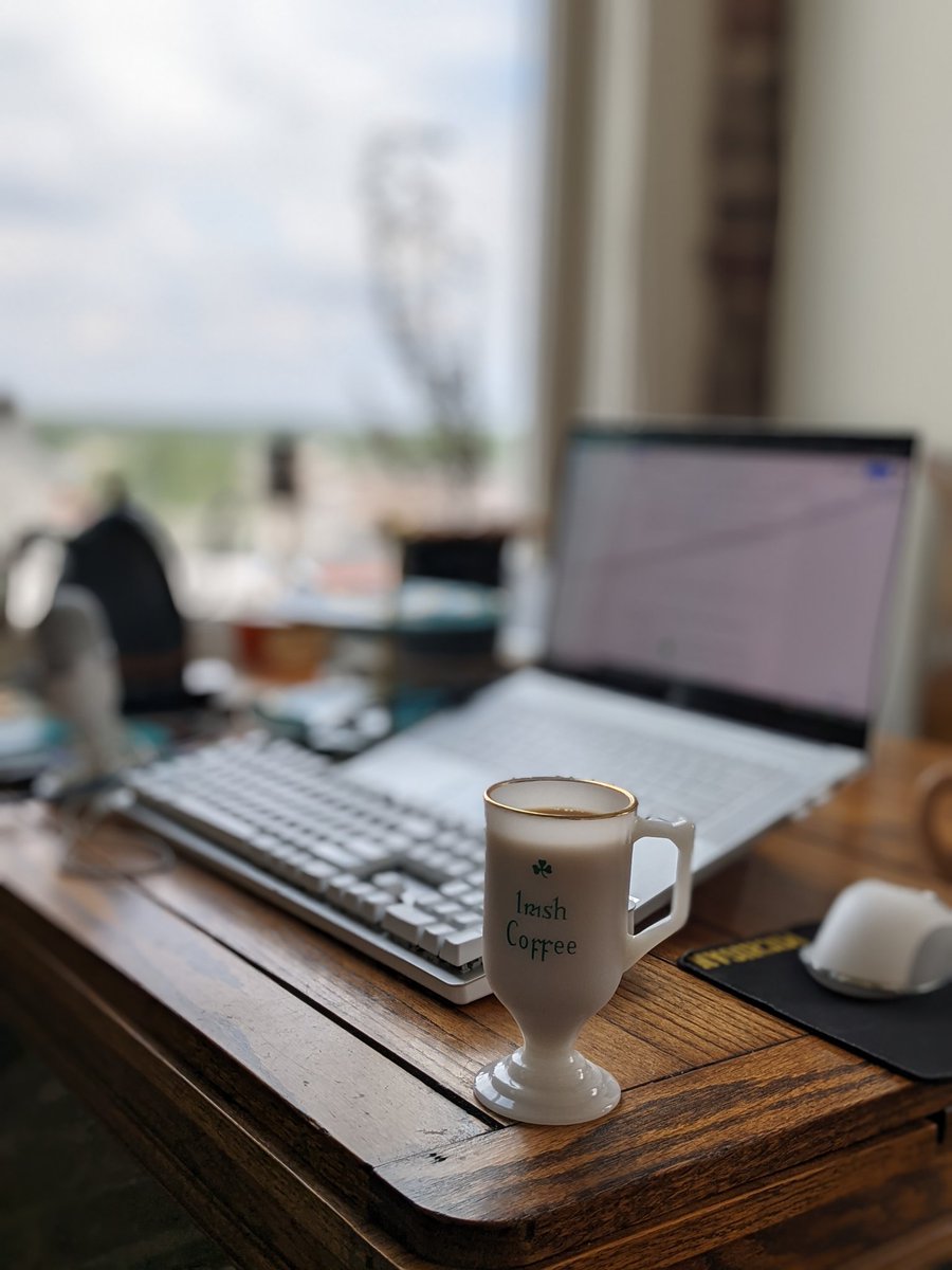 TobinPoetry's tweet photo. PhD workstation for the next 48 hours. Submitting a 20-page paper now and a 10-pager tomorrow. Shout out to the Irish Coffee mug found in my grandmom's attic. https://t.co/d7jeR5iaN6