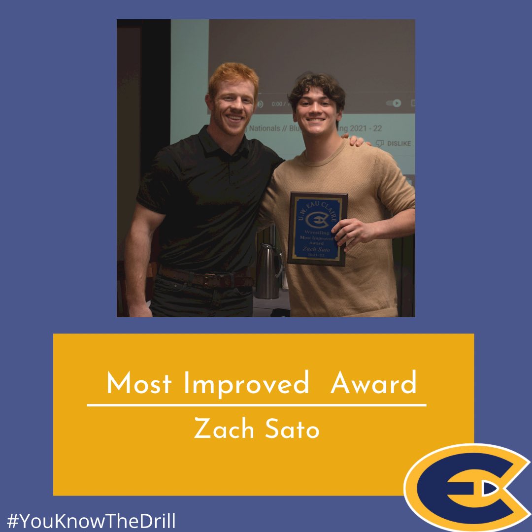 UWECWrestling's tweet photo. The Most Improved Award goes to Zach Sato.  Zach entered the line up with a mid December pin against UW Whitewater and never slowed down.  A WIAC champion and NCAA Qualifier…we can’t wait to see what’s ahead for Zach!
#YouKnowTheDrill https://t.co/Vr01x67nxH