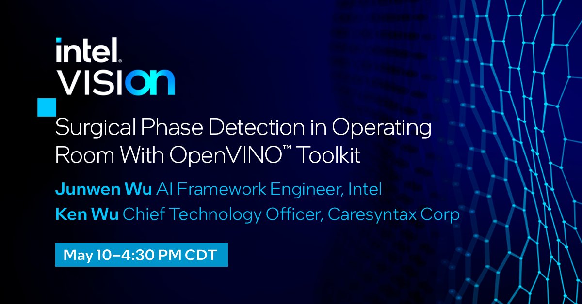 IntelAI's tweet photo. For this medical example of #AI in action, our Intel Vision speakers discuss a deep learning solution from @caresyntax for automatic segmentation of the surgical phases, video included! Get registered and add this to your calendar today. https://t.co/Jx6mnV0j75 #IntelON https://t.co/8oT73ebJ3t