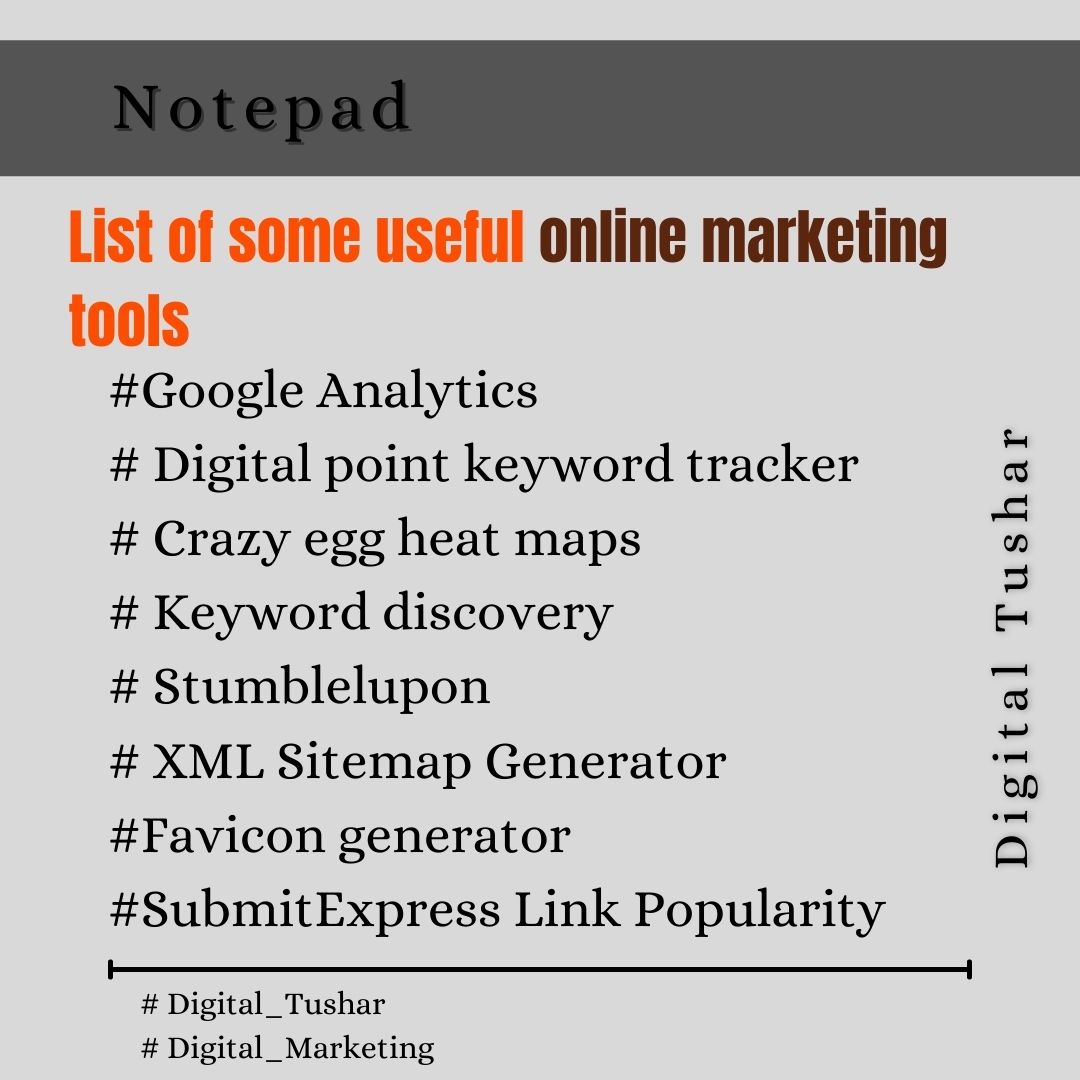 digitaltushar07's tweet photo. List out some of the useful online marketing tools?

Some of the useful online marketing tools are
.
.
.
.
#searchengineoptimization #instagrammarketing #seotips #digitalmarketingsolutions #instagram #socialmediamarketingtips #digitalmarketingcompany #advertising #digitaltushar07 https://t.co/8snZyb78dC