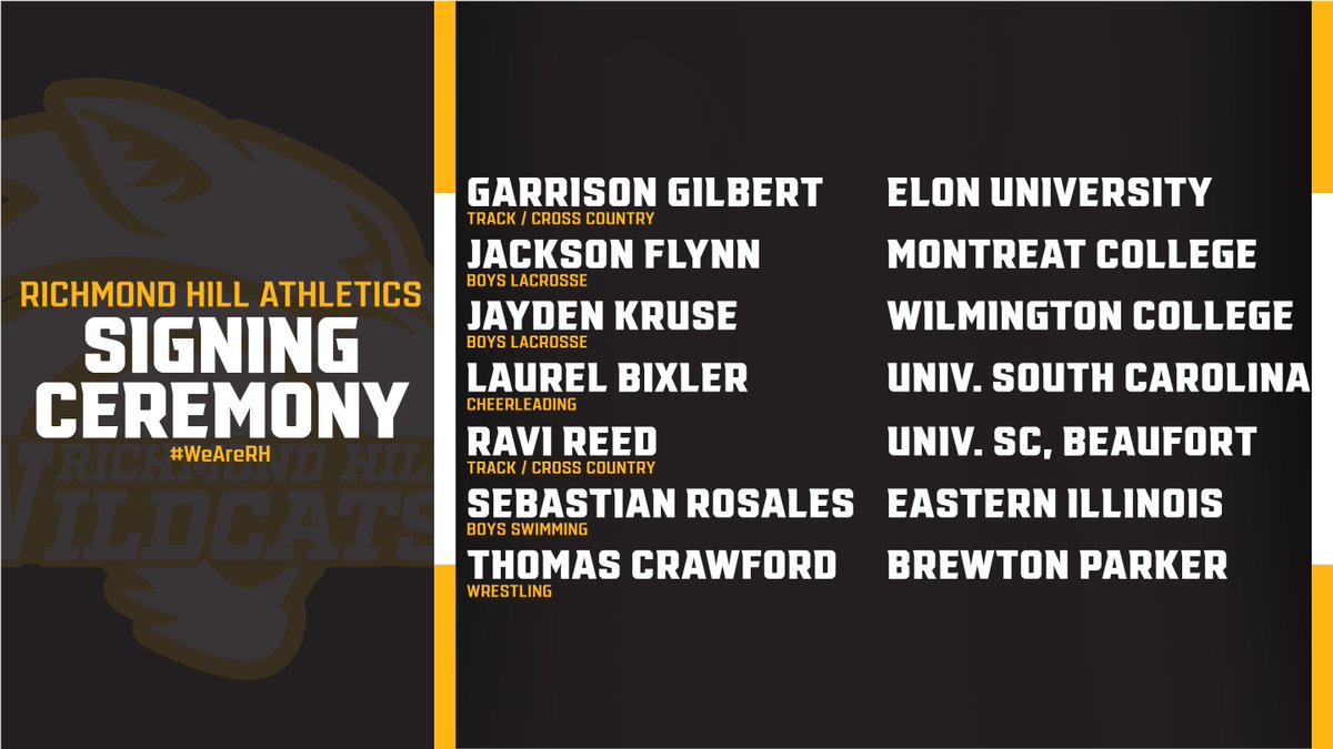 Congrats to these SEVEN student-athletes signing to continue competing at the next level!

Ceremony will be held tomorrow, May 11, at 3:00pm in the RHHS East Cafe. Come and celebrate with us!