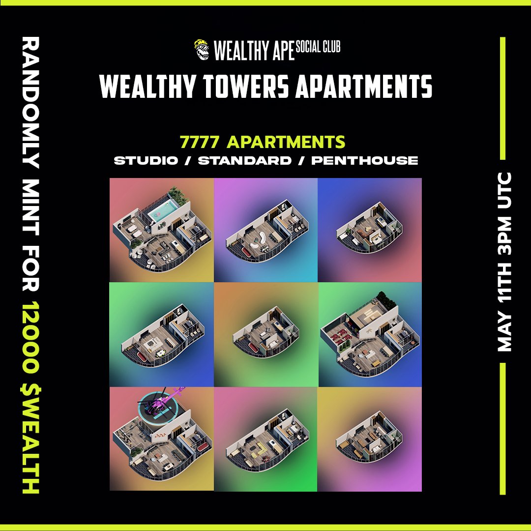Less than a day to go until our Wealthy Towers Apartments collection launch! 💎
Exclusively minted with our utility token $WEALTH!
Official Date: May 11th @ 3PM UTC.

More info in our Discord.

#NFT #WASC #WEALTH #WEALTHYTOWERS