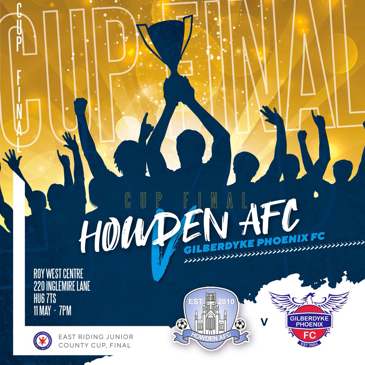 AFCHowden's tweet photo. CUP FINAL:

⚽ #MinsterMen vs. @GilboPhoenixFC 
🏆 @EastRidingFA Junior Country Cup
📆 11/05
📍HU6 7TS
⌚ 19:00

🔵⚫ #UTMM https://t.co/1wMvAav4Sg