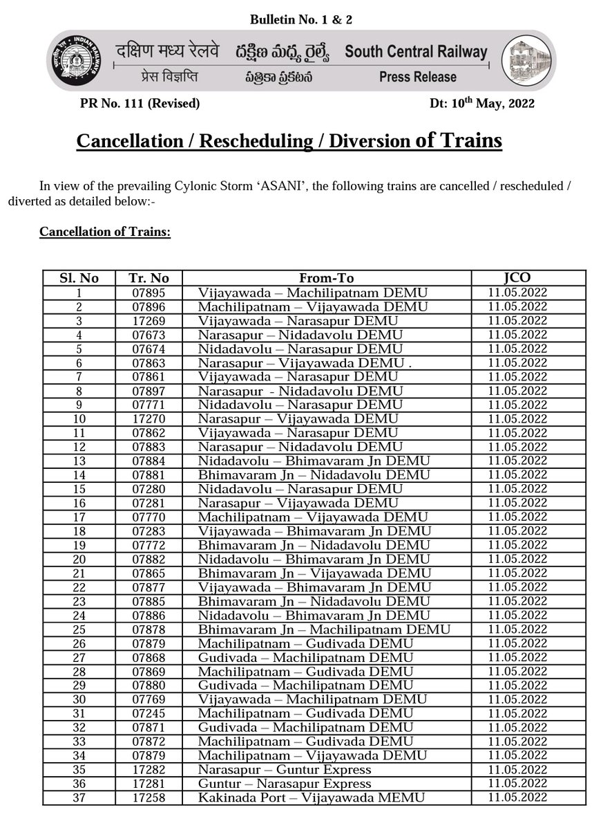 SCRailwayIndia's tweet photo. #Asani Cyclone #TrainRunning #information
Bulletin No. 1 & 2 SCR PR No. 111 on "Cancellation / Rescheduling / Diversion of Trains" @VijayawadaSCR @drmvijayawada @drmgnt @pibvijayawada https://t.co/XY7Ux6fHvi