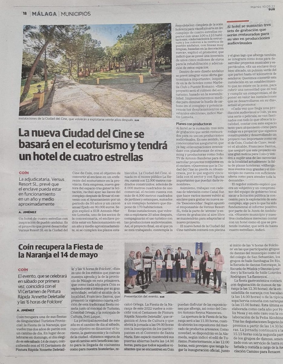FranSantosCoin's tweet photo. ✅ Una gran noticia para #Coín. Reactivamos la Ciudad del Cine que albergará un hotel de cuatro estrellas y que compatibilizará su uso turístico con el desarrollo de producciones audiovisuales que ya volvieron a nuestra ciudad #CoínMLG #CoínCiudaddeCine 👉 https://t.co/FGVbqWswIM https://t.co/1KFV3zXe9V