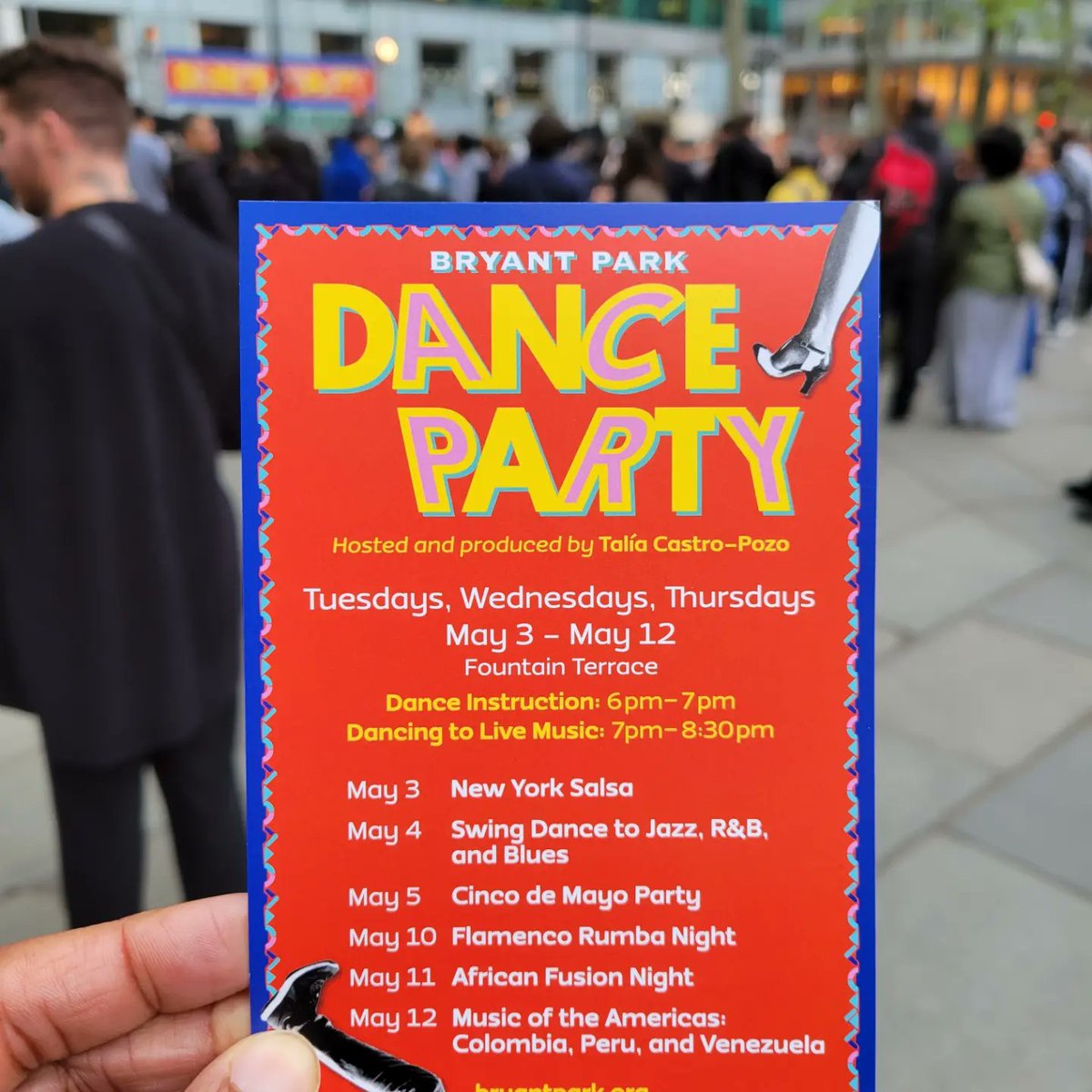 NYCFreeSummer's tweet photo. Bryant Park Dance Parties continue this Tuesday, Wednesday, and Thursday on the fountain terrace! Class 6-7pm, Live Music 7-8:30pm

Tuesday 5/10: Flamenco Rumba
Wednesday 5/11: African Fusion
Thursday 5/12: Music of the Americas 
💃🏾🪘🎵 https://t.co/13Vu26bYdT