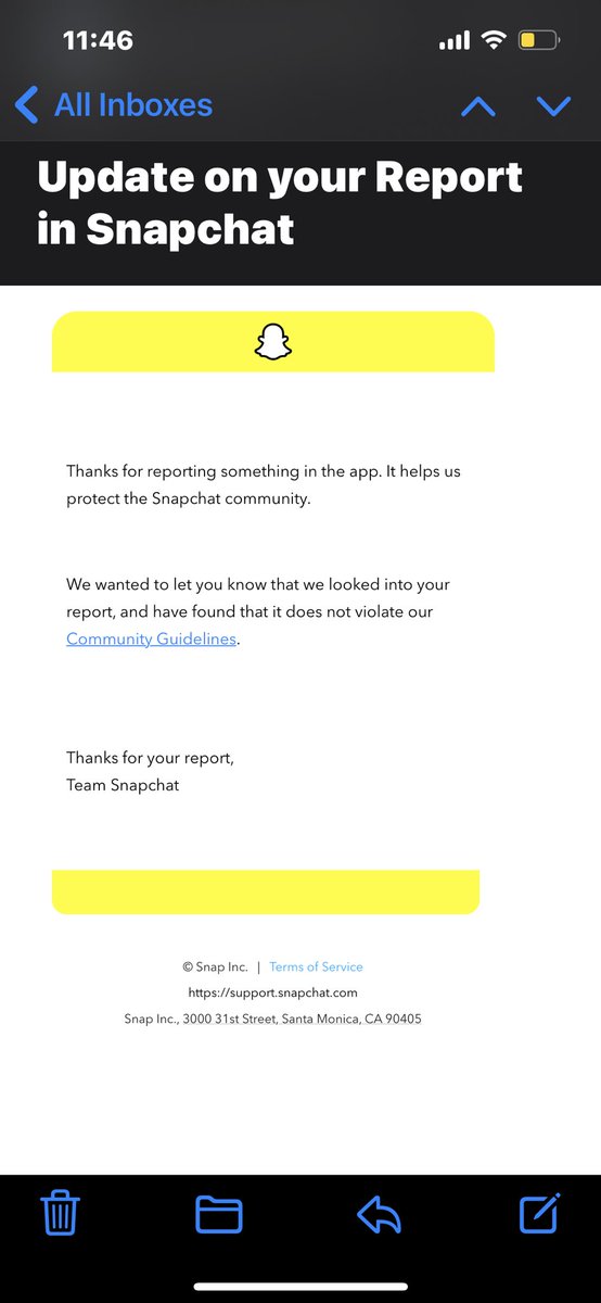 AmyDupont04's tweet photo. @Snapchat I reported someone using my sons account and pretending to be him sending out nasty messages and this is the response I get back? Explain to me please how this doesn’t violate community guidelines. https://t.co/VJGFb3qMTI