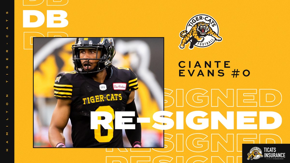 Tiger-Cats re-sign former CFL All-Star defensive back Evans 🔨 

🗞| bit.ly/39V5aLz

#Ticats | #CFL | <a href="/TicatsInsurance/">Ticats Insurance</a> | <a href="/ciante17/">Ciante Evans</a>