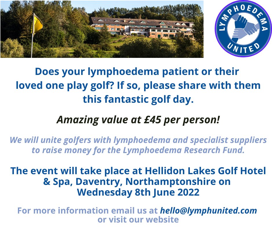 LymphUnited's tweet photo. ATTENTION LYMPHOEDEMA &amp; MLD THERAPISTS – I NEED YOUR HELP PLEASE!
I’m organising a charity golf day on 8th June, donating 100% of profits to the Lymphoedema Research Fund. Please tell your clients/patients!  #lymphoedema #therapists #lymphoedematherapists #hellidonlakes #golfers https://t.co/Q0DNeqUDtK