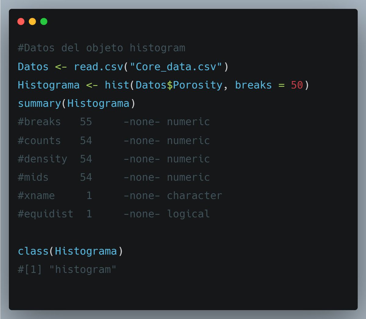 ChandomiVazquez's tweet image. En ocasiones es útil almacenar en un variable el objeto que genera la función para obtener sus atributos, en este caso del objeto “histogram” podemos obtener datos como los intervalos, cuantos elementos por intervalos, etc. 

#RStats #programacion #visualization
