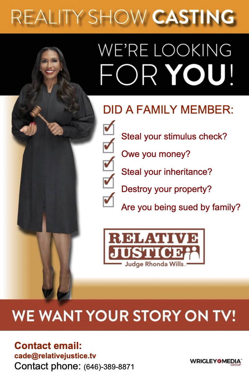 CadecastingRJ's tweet image. Want to be on TV?! Well we are looking for you and your family member, to be casted in a Nationally Broadcasted TV show! #CourtTV #TV #Moneyowed #relatives #Familydrama #CASTING