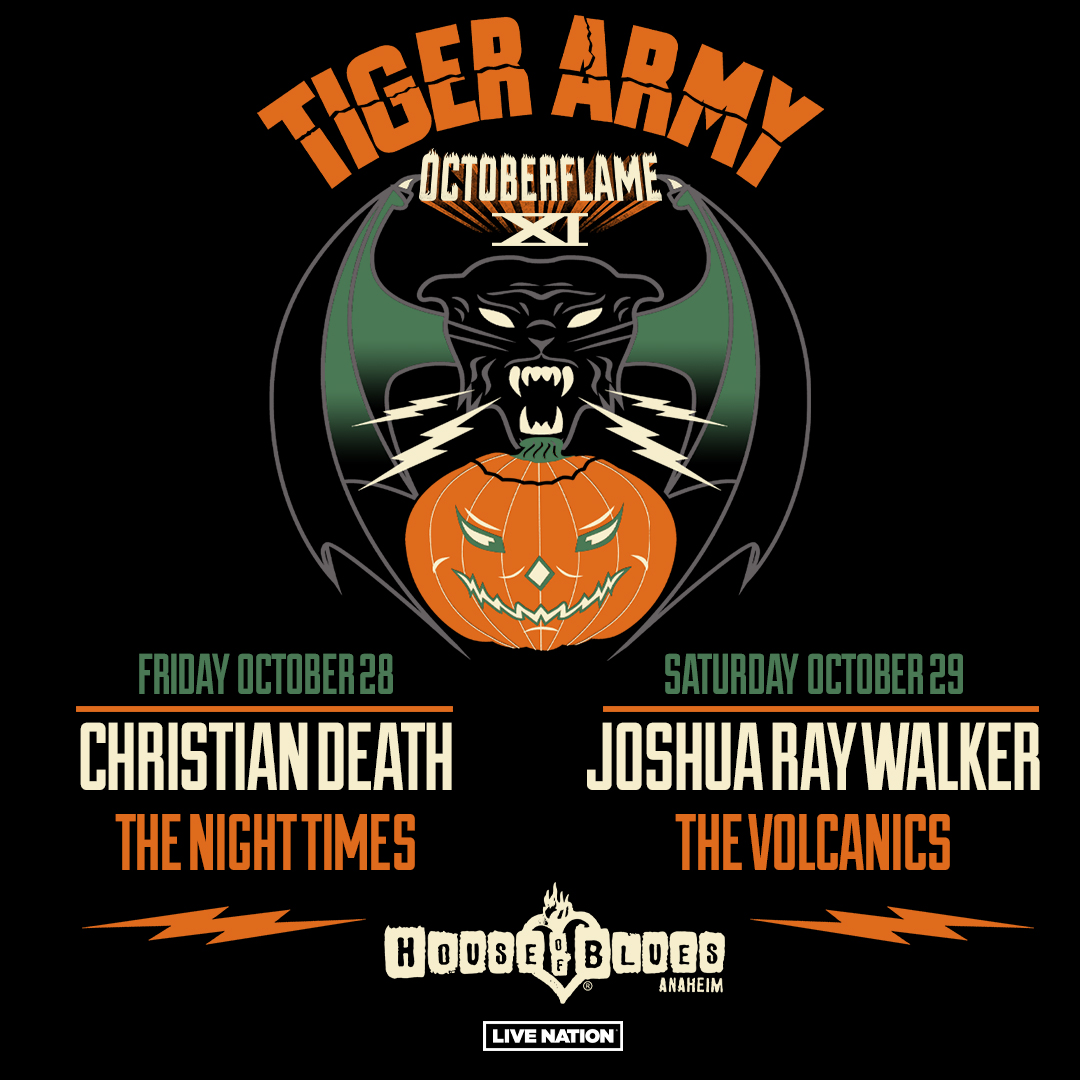 Be here this fall for not one, but TWO nights of @tigerarmy! Joined on October 28 by Christian Death & The Night Times & on October 29 by Joshua Ray Walker & The Volcanics. - Presale: Thursday, 5/12 | 10am | Code: FINALE - On sale: Friday, 5/13 | 10am 🔗 bit.ly/3FvWfvE