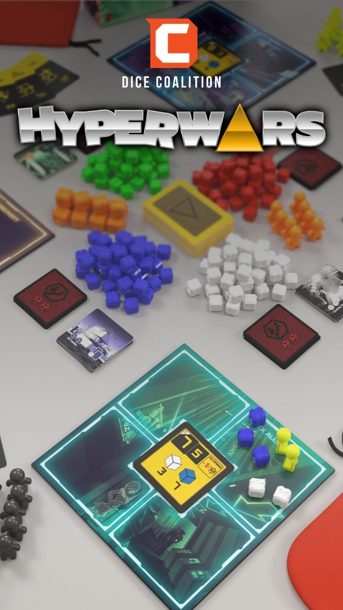 UKGamesExpo's tweet photo. No turns. No waiting. Just fun at booth 2-348. Hyperwars is a cyberpunk real-time area control board game by @coalition_dice It plays in 10 minutes and delivers intense gameplay as the players fight over the market of illicit goods. More at https://t.co/CCqCH8VYCV https://t.co/uHaQwGWJYs