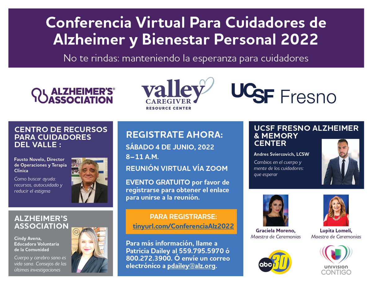 CaregiverValley's tweet photo. Conferencia en Español para cuidadores
Presentado por la Asociación de Alzheimer, Valley Caregiver
Resource Center, y UCSF Fresno
Cuando: 4 de junio de 2022 de 8am a 11am.
@CaregiverValley @alzassociation @UCSFFresno #spanishconference #familycaregivers https://t.co/qIdrRPBq1O