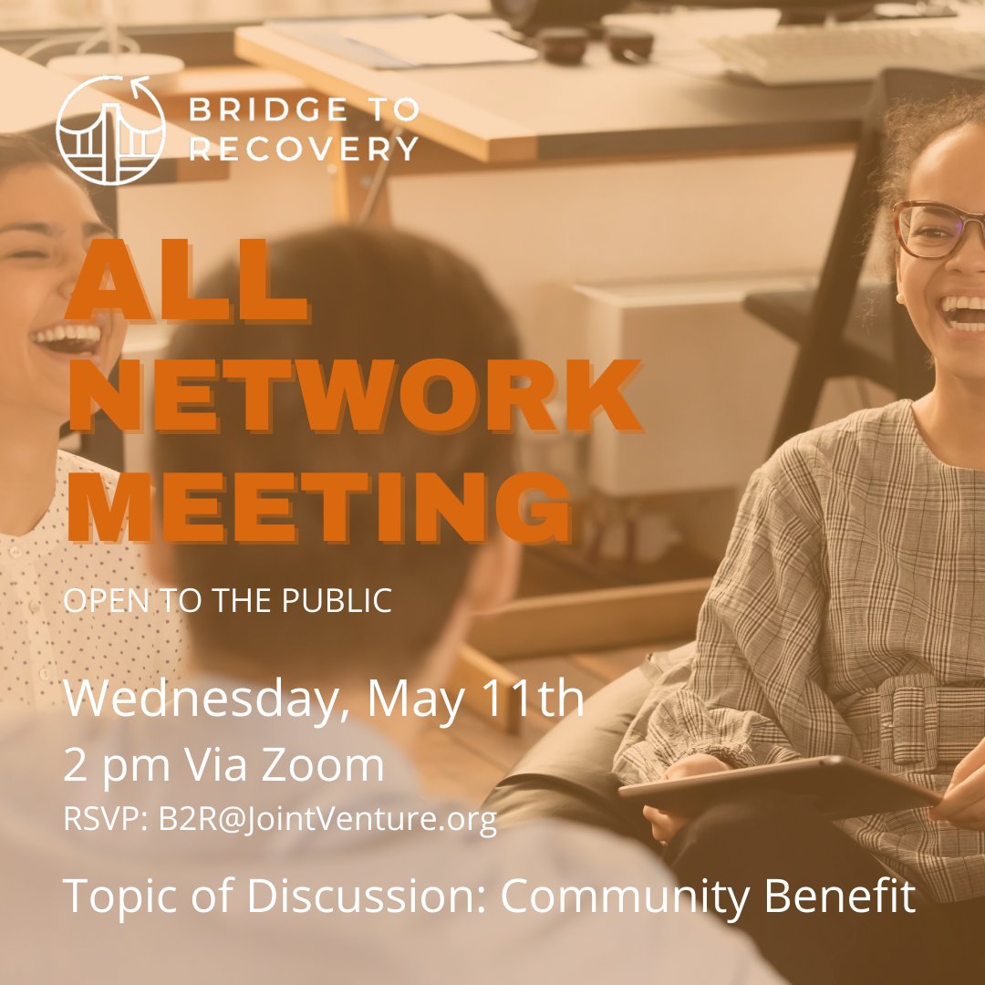 Join us TOMORROW for our monthly All Network Meeting!

This is open to the public and our Topic of Discussion is Community Benefit. 

If you are interested in joining us, RSVP by emailing us. We hope to see you there! 

#B2RNetwork #JVSV #JEDIMindset #santaclaracounty