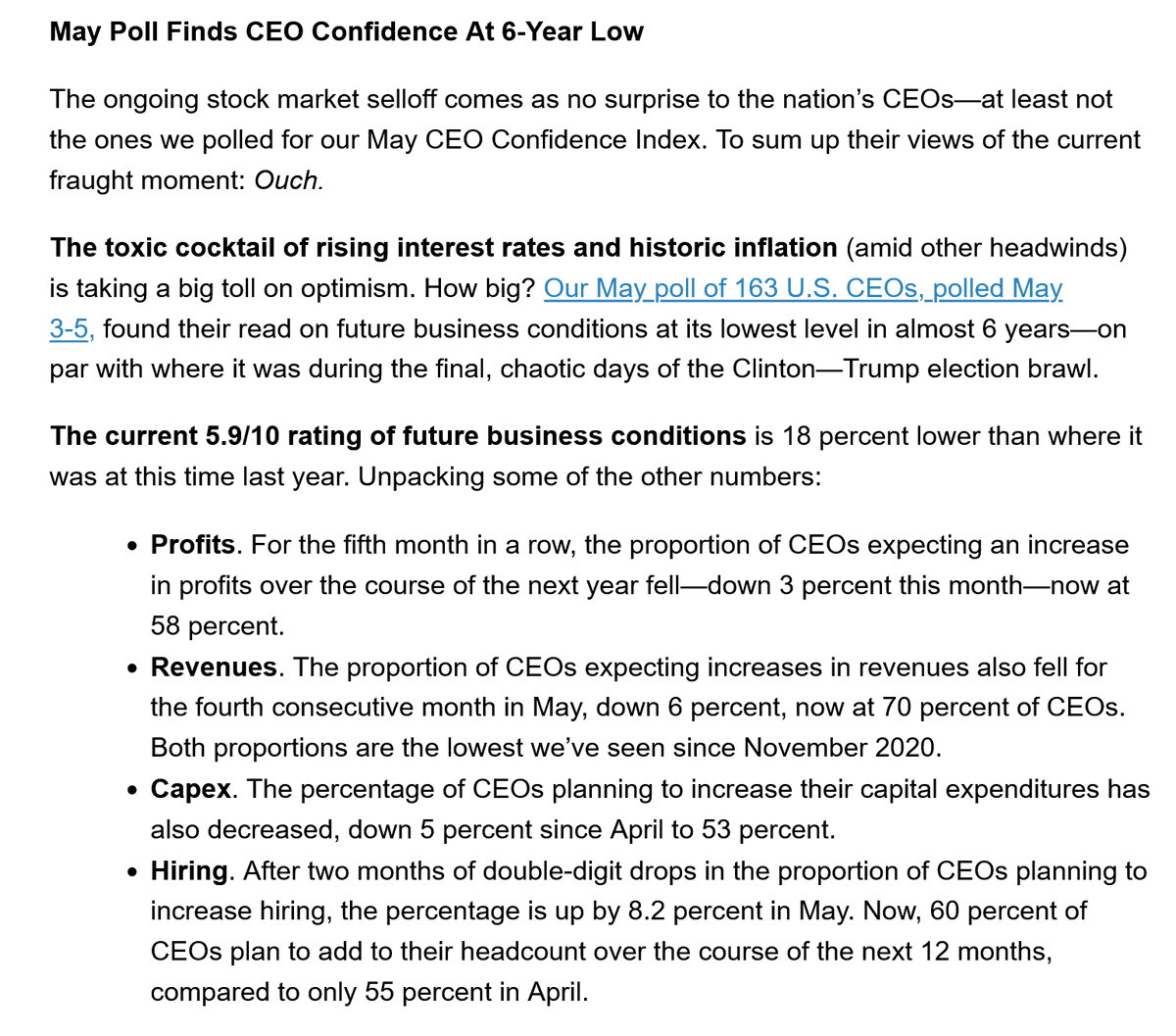 AeroDataScience's tweet photo. Woa! Another decline in CEO confidence - "The percentage of CEOs planning to increase their capital expenditures has also decreased, down 5 percent since April to 53 percent. + Now, 60% of CEOs plan to add to their headcount over the next 12 months, compared to only 55% in April. https://t.co/syW2kv78Lh
