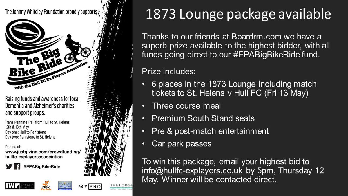 HFCExPlayers's tweet photo. Superb hospitality package available to bid for courtesy of @BoardrmUK 

All the details are in the image. Why not watch @Saints1890 take on @hullfcofficial in style &amp; support a great cause too!? #EPABigBikeRide 

What about you @JohnnyVegasReal, fancy it? https://t.co/f73oX1lRIg