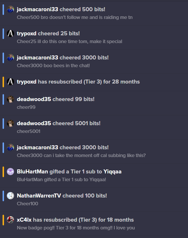 Merl's tweet photo. WTF JUST HAPPENED, 2 TIER 3 SUBS AND OVER 12,000 BITS... @trypoxd @qosfcjack THANK YOU. https://t.co/vM7jBfKiES