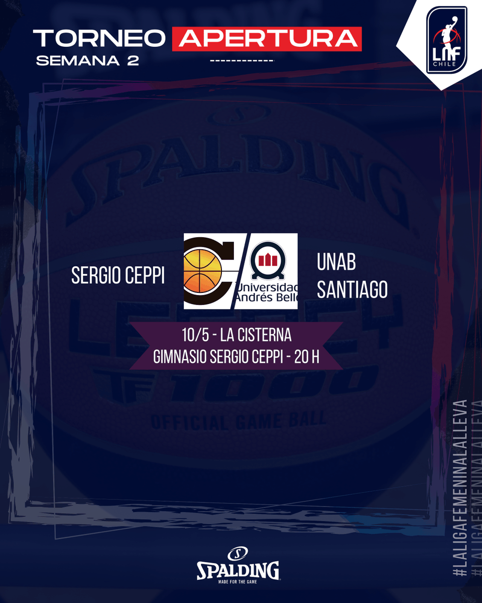#LNF | 👀 La SEMANA 2 arranca HOY, HOY, HOY

‼️ DOS equipos que tendrán su estreno APERTURA

Sergio Ceppi vs. UNAB Santiago | 20 H
📊…livestats.dcd.shared.geniussports.com/u/CLNB/2084895/

#LaLigaFemeninaLaLleva | <a href="/Spalding_chile/">SpaldingChile</a>