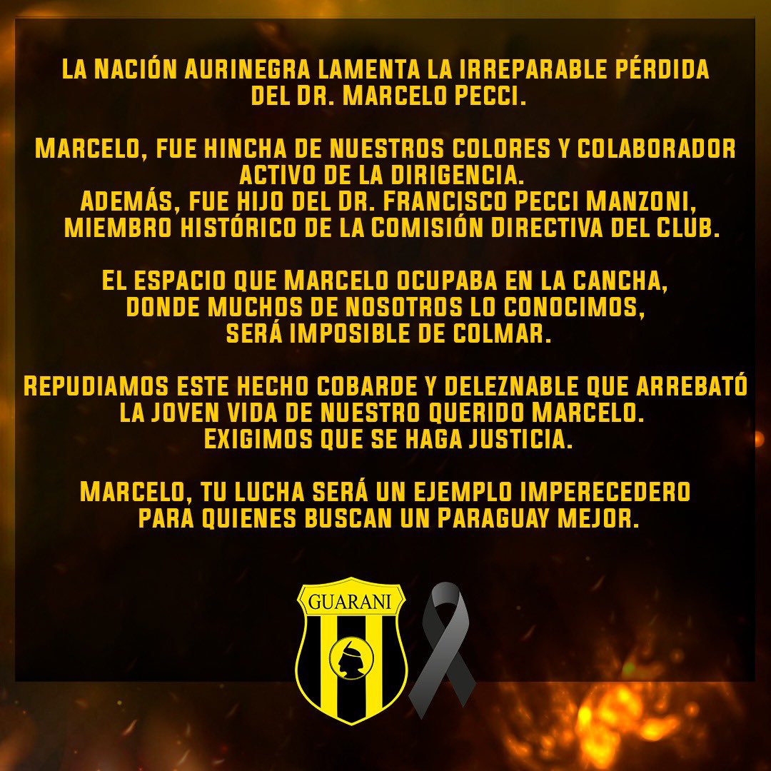 ClubGuarani's tweet photo. Nuestras sentidas condolencias para toda la familia del Dr. Marcelo Pecci🙏🏼 https://t.co/GNDwRLqU5T