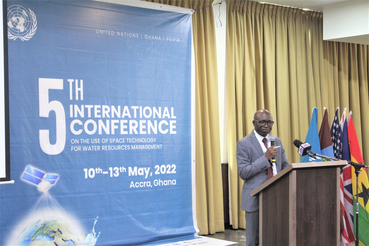 UNinGhana's tweet photo. "Space technology is no longer a 'future', it is now, it's here."~ Prof. Elvis Asare-Bediako, Vice-Chancellor of the @uenrofficial tells participants at the 5th International Conference on the Use of Space Tech. for Water Resources Management in Accra. #PSIPW https://t.co/ENMmcvxxT4