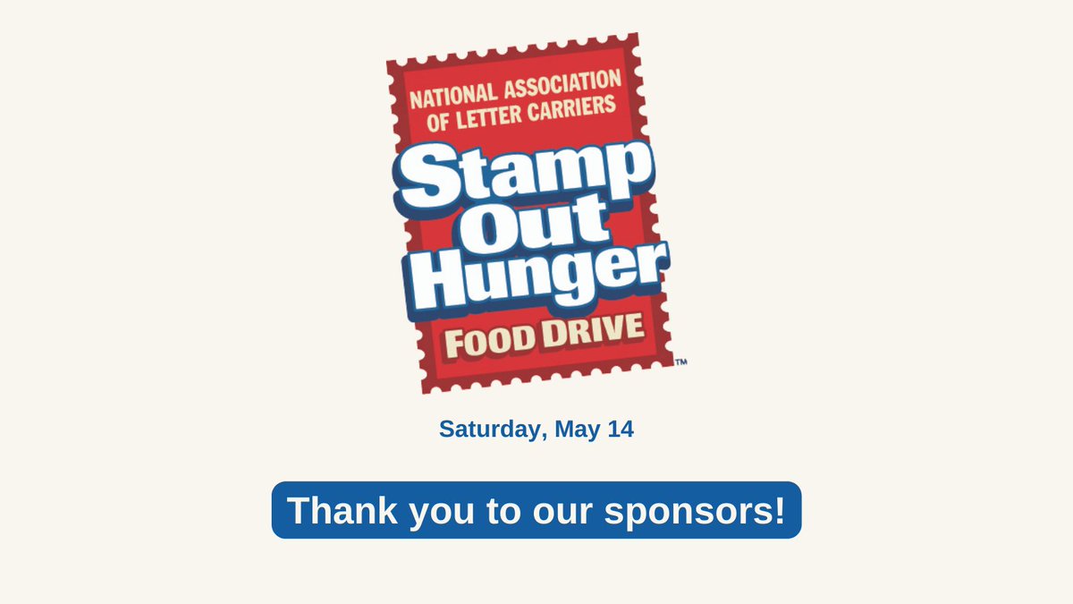 StampOutHunger's tweet photo. As we prepare for the #StampOutHunger Food Drive this week, we'd like to give a huge shoutout to our sponsors. Thank you for making the largest one-day food drive in the country possible! 
@KelloggCompany @cvspharmacy @Valpakcoupons @Vericast @AFLCIO @UnitedWay @UFCW @USPS @NRLCA https://t.co/DEI36vUrfb