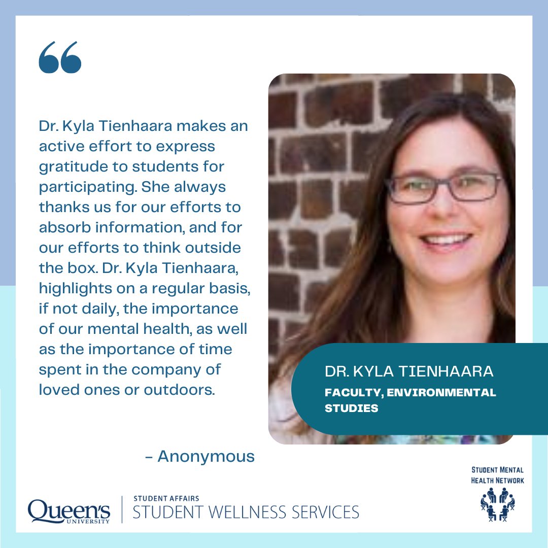 Twice nominated, Superstar Champion for Mental Health Dr. Kyla Tienhaara. Thank you for all that you do to support student mental health and wellbeing. Click the link in the bio to hear what this Queen's community member has to say about student mental health. #queensu