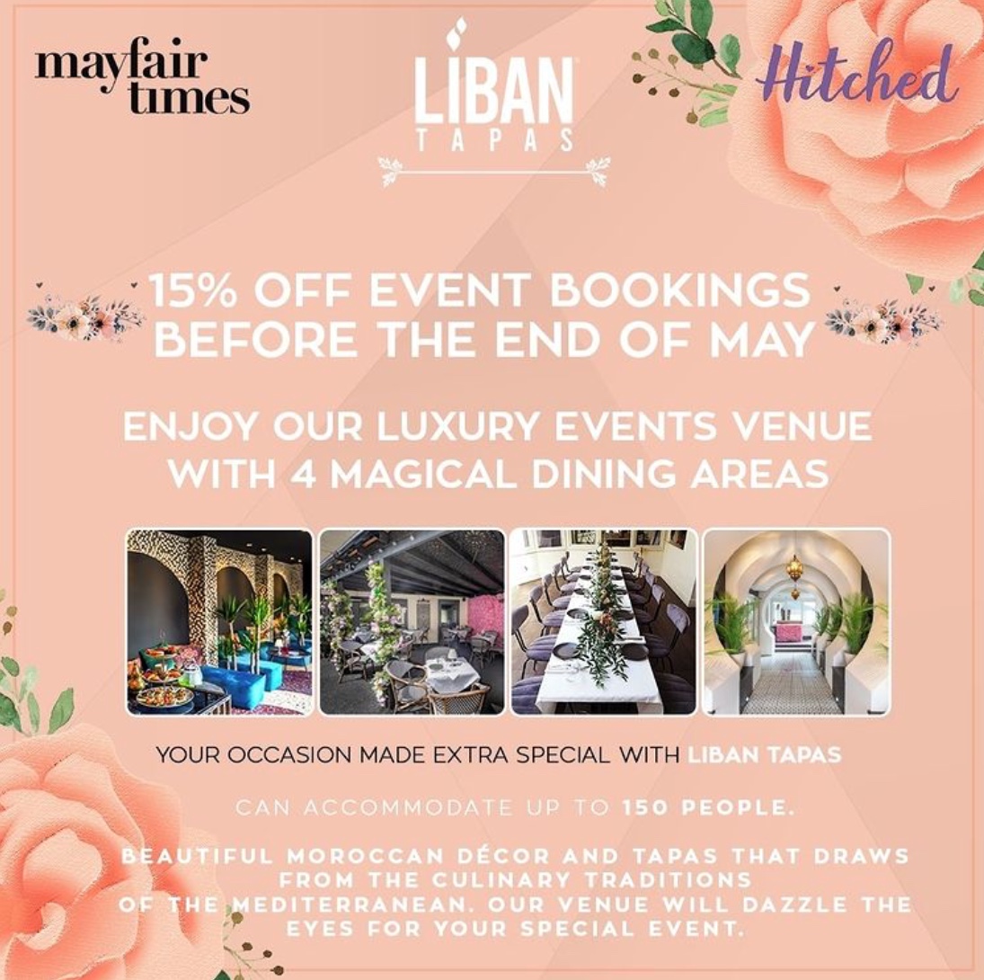 Get 𝟏𝟓% 𝐎𝐅𝐅 event bookings before the end of May and enjoy our events venue with 4 dining areas. Your occasion made extra special with Liban Tapas. With beautiful Moroccan décor and tapas that draws from the culinary traditions of the Mediterranean, our venue will dazzle! ✨