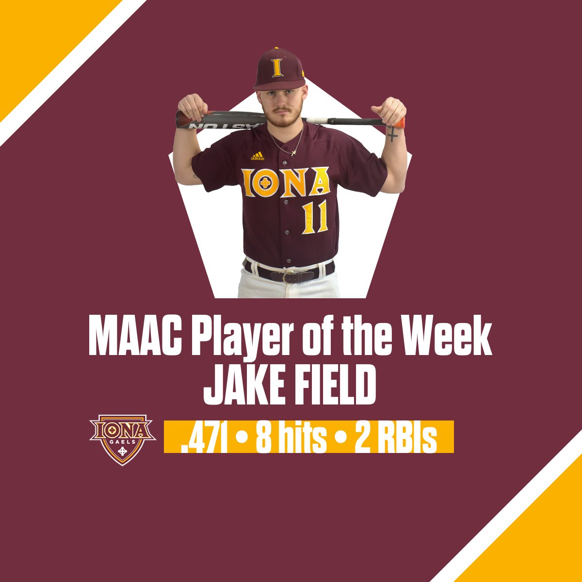 IonaBaseball's tweet photo. Congratulations to senior captain Jake Field for earning MAAC Player of the week honors!! 

#ICBASE | #GaelNation https://t.co/W4qtEaSRVg