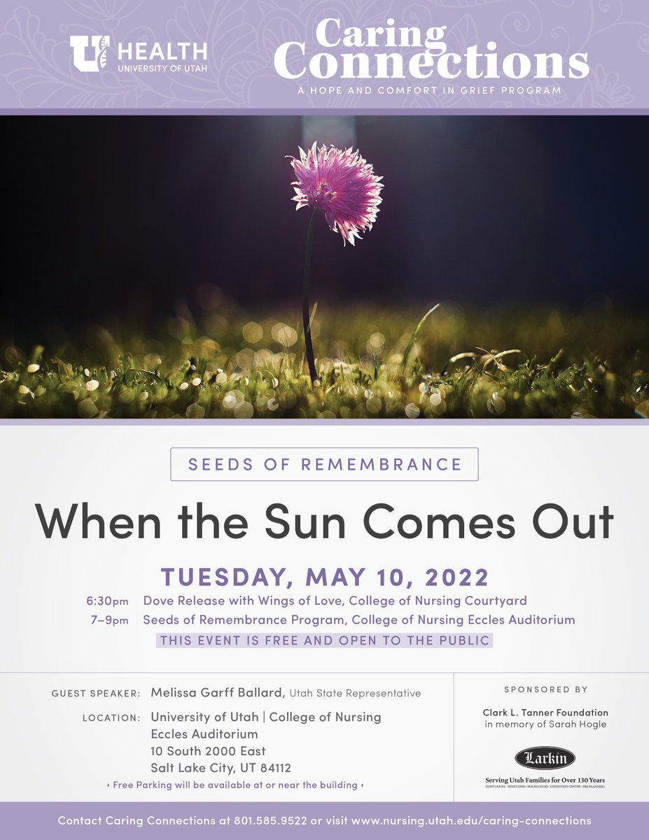 UofUCaringCon's tweet photo. We hope you are able to join us this evening for Seeds of Remembrance from 6:30 to 9:00 pm at the University of Utah College of Nursing. 🌹
@KathieSupiano https://t.co/9ch9sObCOm