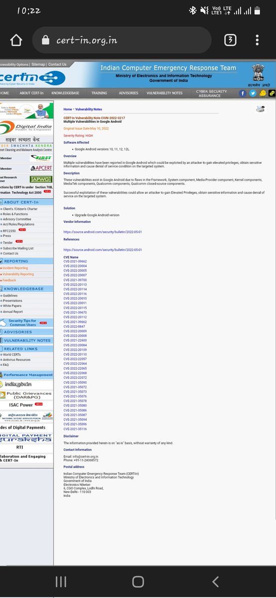 IndraArup's tweet photo. @IndianCERT Update Android mobile and update chrome browser.  The government has given high security allert. 
Full details https://t.co/cpMGFOtDna source: Indian Computer Emergency Response Team (CERT)
#Android #apps #Google #Chrome #Trending #security https://t.co/AvNsDX4MXT