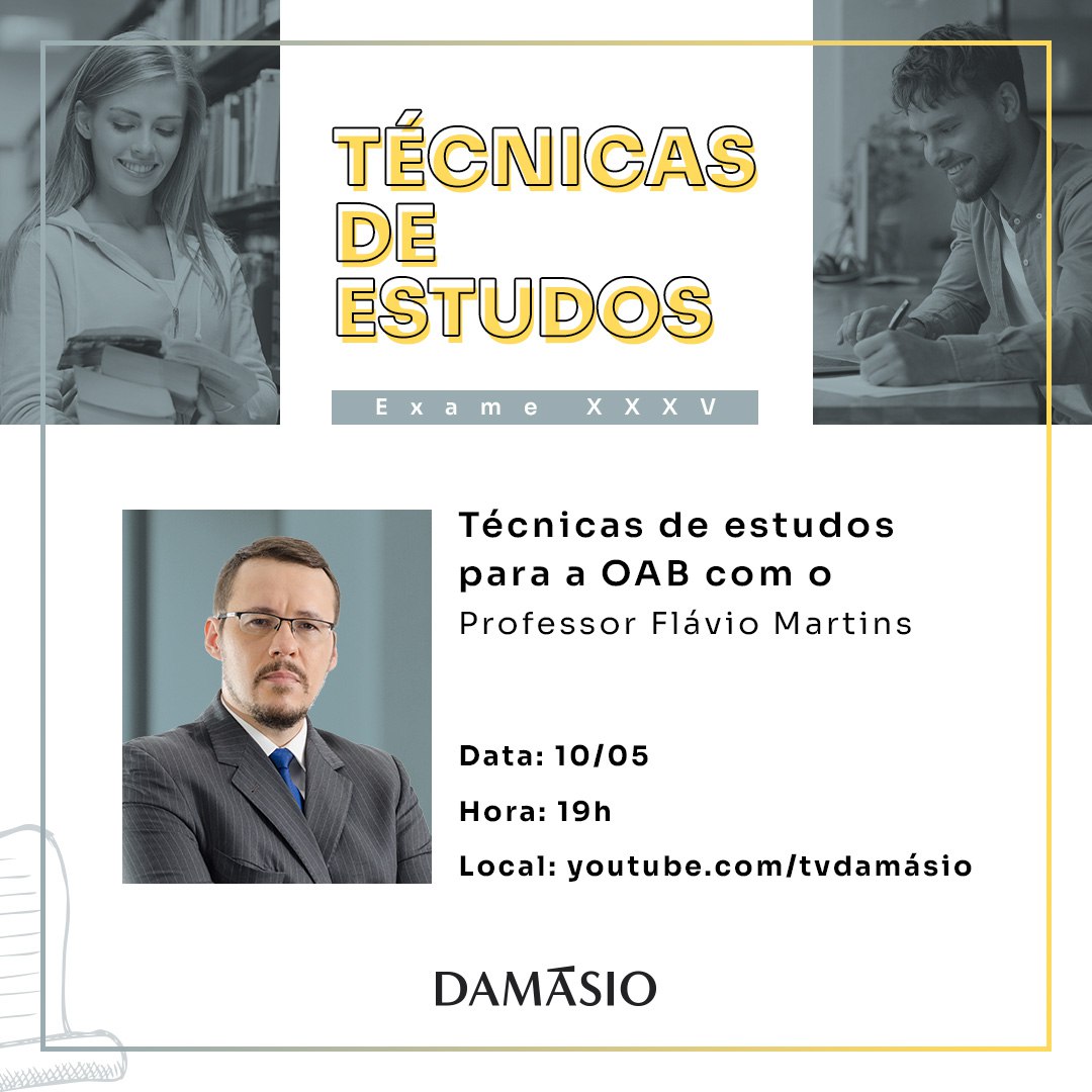 Passando para avisar que é daqui a pouco nosso encontro para aprender Técnicas de Estudo para a #OAB com o professore Flávio Martins. No TV #Damásio: youtu.be/nP7sCmouNKc

Anota aí, não esquece! #tecnicasdeestudos⬇