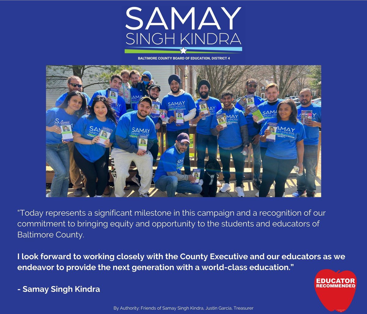 SamayKindra's tweet photo. We are thrilled to announce the endorsements of Balt. Co. Exec @JohnnyOJr and @TABCOEDUCATORS!

The endorsements truly recognize my commitment to bringing equity and opportunity to the students and educators of Baltimore County.

Press Release: https://t.co/KxmviwTO2O https://t.co/oHRl8GvznO