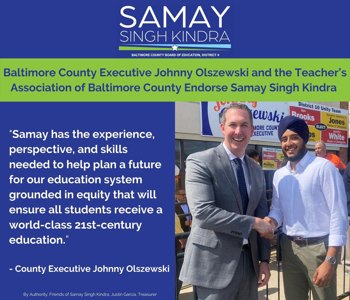 SamayKindra's tweet photo. We are thrilled to announce the endorsements of Balt. Co. Exec @JohnnyOJr and @TABCOEDUCATORS!

The endorsements truly recognize my commitment to bringing equity and opportunity to the students and educators of Baltimore County.

Press Release: https://t.co/KxmviwTO2O https://t.co/oHRl8GvznO